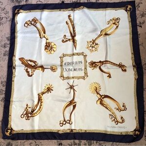 Hand Finished Gold Navy & Pale blue Vintage Pellegrin Paris Scarf from France 🇫🇷